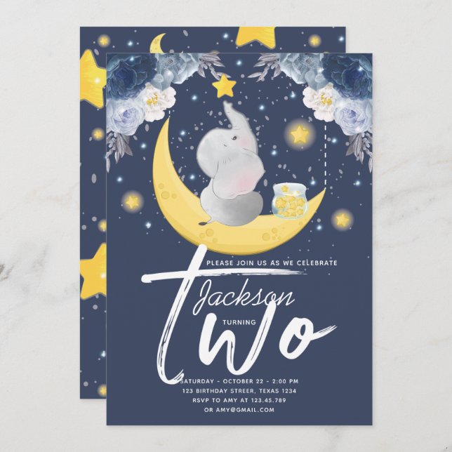 Baby Elephant on Moon Second Birthday Invitation (Front/Back)