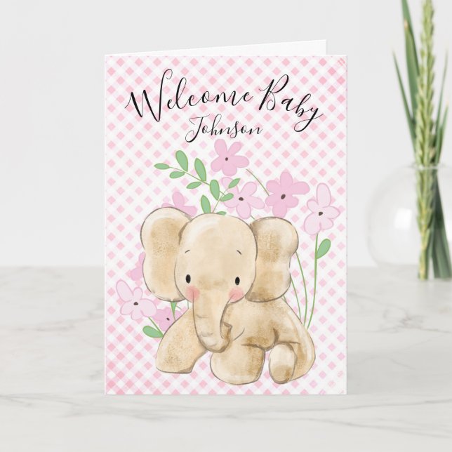 Baby Elephant On Pink Gingham Card (Front)