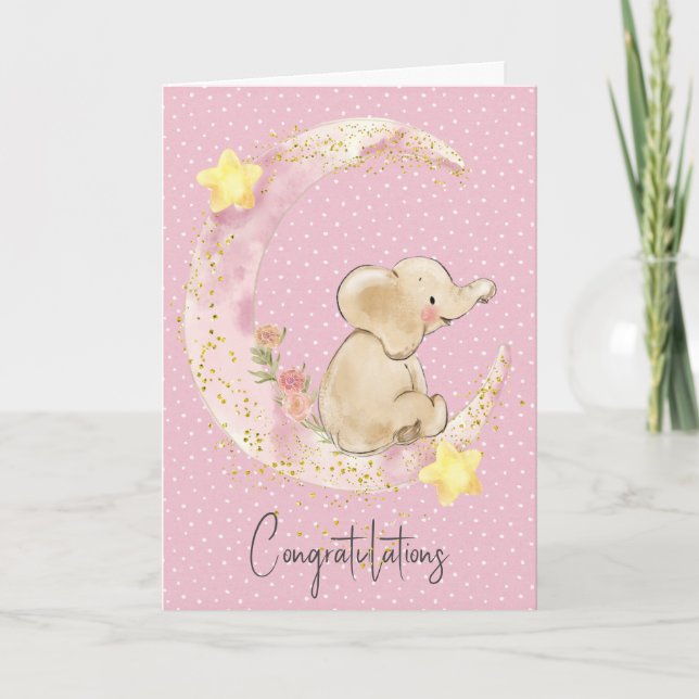 Baby Elephant On Pink Moon  Card (Front)