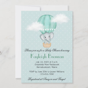 Baby Elephant Pale Green Hot Air Balloon   Invitat Invitation