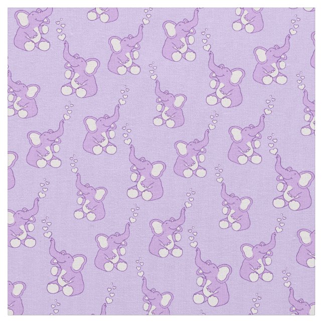 Baby elephant pattern purple nursery fabric (Close Up)