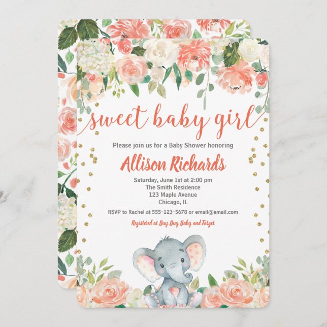 Baby Elephant peach cream girl shower invitation (Front/Back)