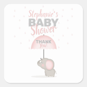 Baby Elephant Pink Baby Shower Square Sticker