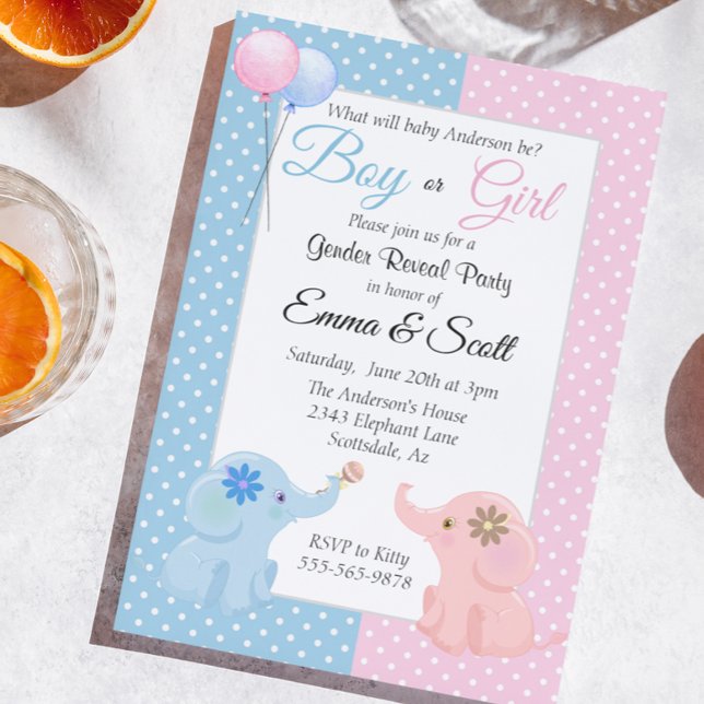 Baby Elephant Pink Blue Gender Reveal Party Invitation (Creator Uploaded)