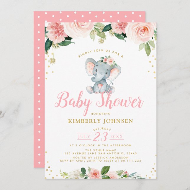baby elephant pink floral baby shower invitation (Front/Back)