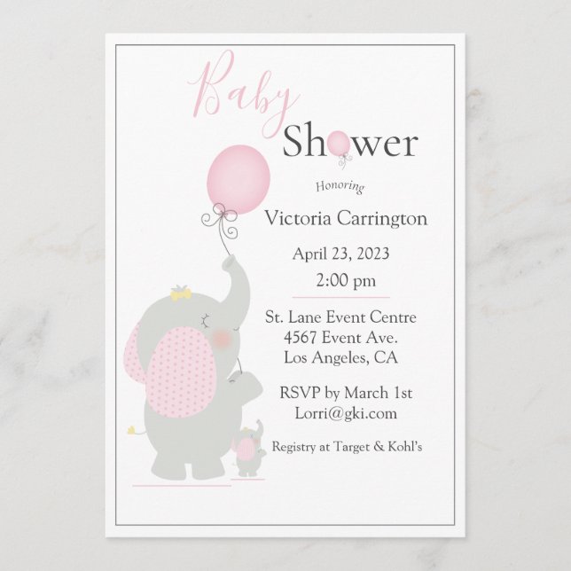 Baby Elephant Pink Girl Watercolor Baby Shower Invitation (Front)