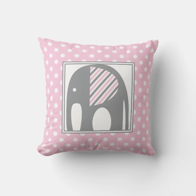 Baby Elephant | Pink & Grey Polka Dots Stripes Cushion (Front)