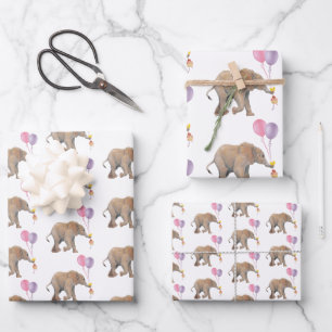 Baby Elephant pink & violet balloon Set x3 Wrapping Paper Sheet