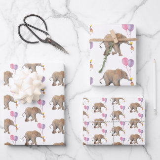 Baby Elephant pink & violet balloon Set x3 Wrapping Paper Sheet