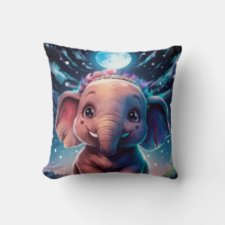 Baby Elephant Posing under Full Moon Light Cushion