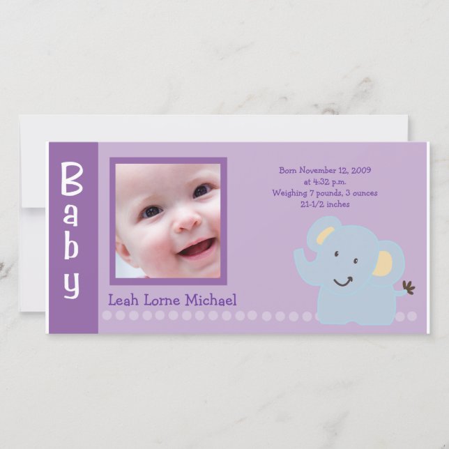 Baby Elephant Purple 4x8 PHOTO Birth announcement (Front)