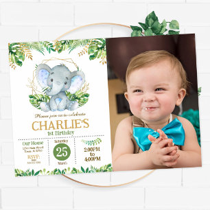 Baby Elephant Safari Jungle Party 1st Birthday Invitation