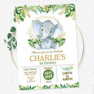 Baby Elephant Safari Jungle Party 1st Birthday  Invitation