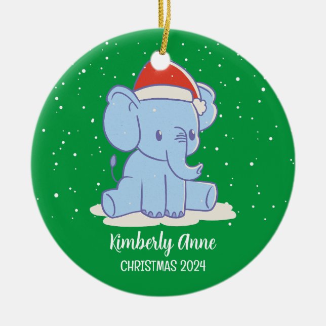 Baby Elephant Santa Christmas Snowy Winter Holiday Ceramic Ornament (Front)