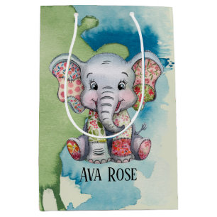 Baby Elephant Sewn Floral Patches Any Child  Medium Gift Bag