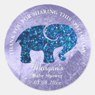 Baby Elephant Shower Favour Thank You Blue Glitter Classic Round Sticker
