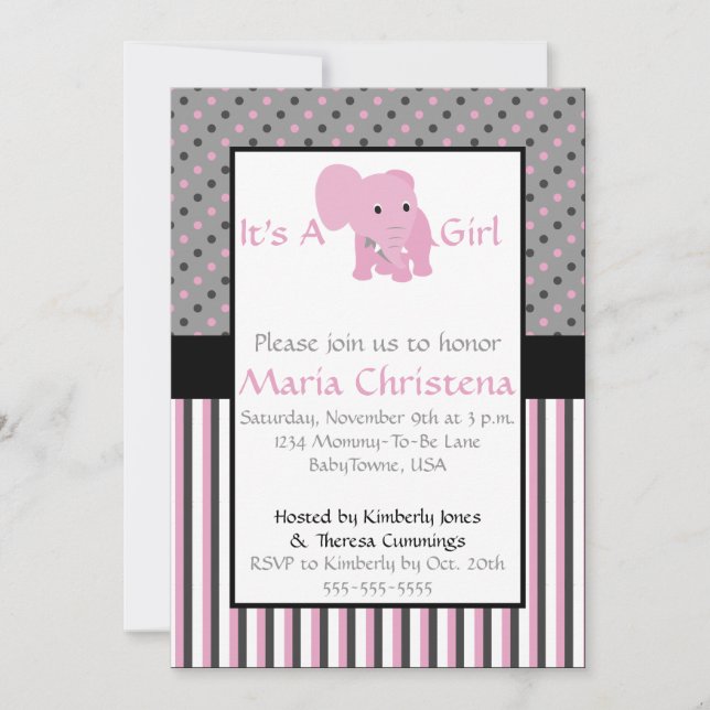 Baby Elephant Shower Invitation (Pink) (Front)
