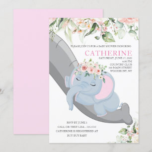 Baby Elephant Sleeping floral Girl Shower Invitation