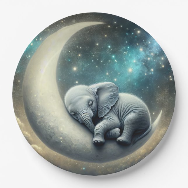 Baby Elephant Sleeping On Crescent Moon Paper Plate (Front)