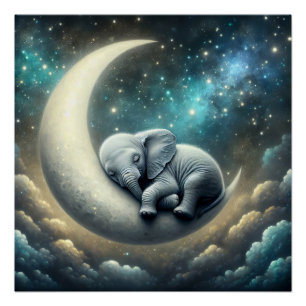 Baby Elephant Sleeping On Crescent Moon Poster