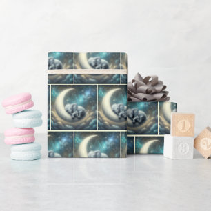 Baby Elephant Sleeping On Crescent Moon Wrapping Paper