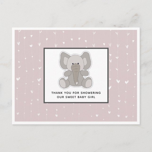 Baby Elephant String Hearts Baby Shower Thank You Postcard (Front)