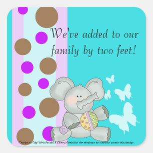 Baby Elephant Teal Brown and Purple Square Sticker