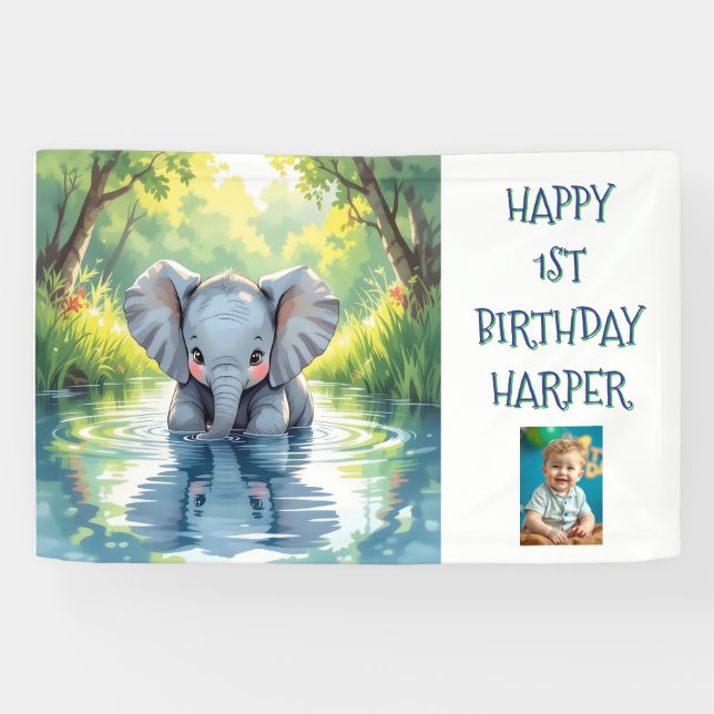 Baby Elephant Themed Personalised Birthday Party Banner (Horizontal)