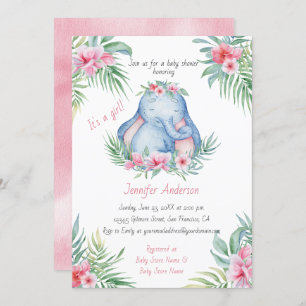 Baby Elephant Tropical Floral Baby Girl Shower Invitation