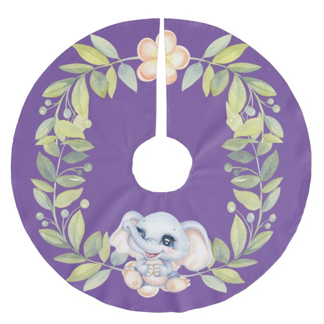 Baby Elephant Tropical Flower Wreath Purple Brushed Polyester Tree Skirt (Front)