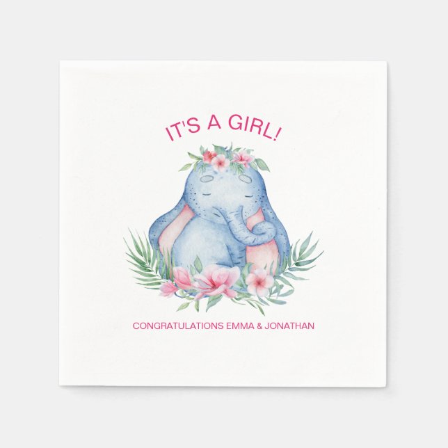 Baby Elephant Tropical Flowers Baby Girl Shower Napkin (Front)