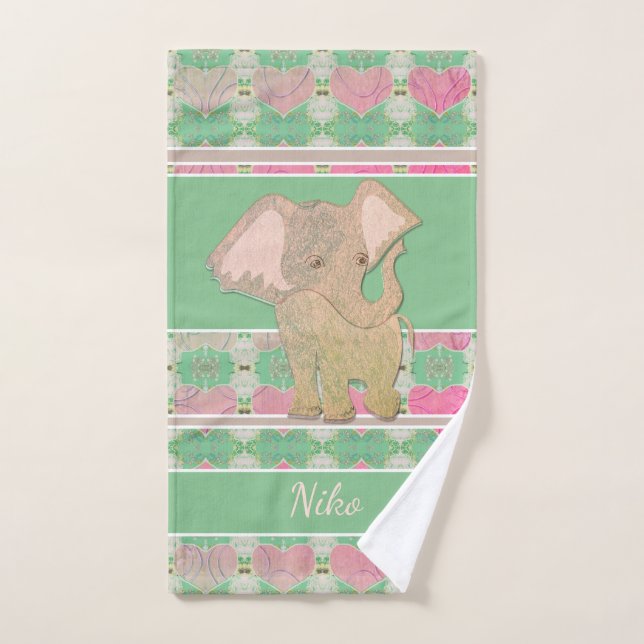 Baby Elephant w/Hearts Pink and Green  Bath Towel Set (Hand Towel)