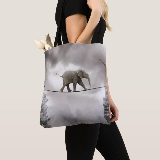Baby Elephant Walks The Tightrope Tote Bag (Close Up)