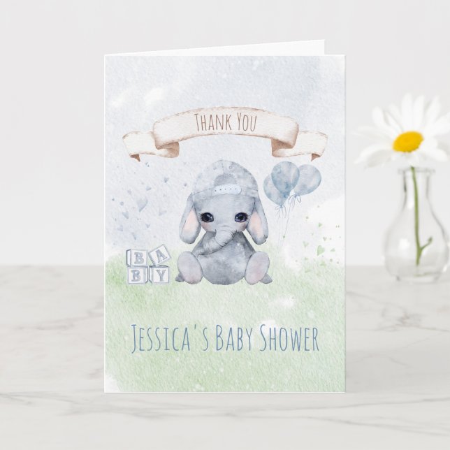 Baby Elephant Watercolor Animals  Thank You Card (Small Plant)