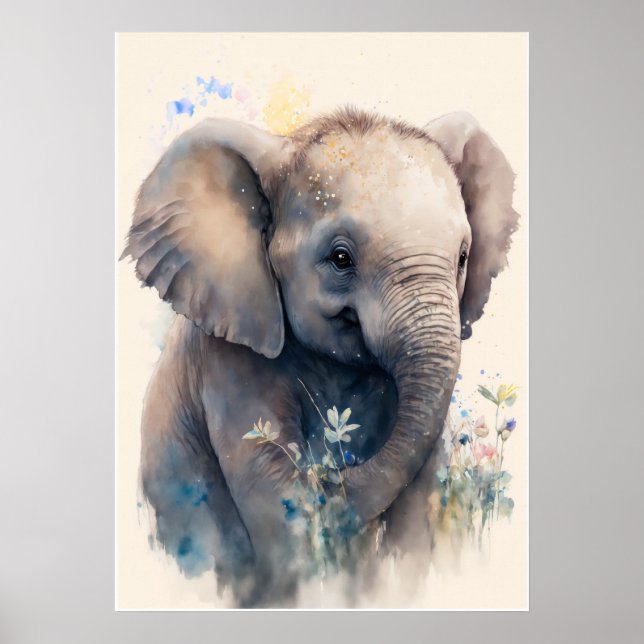 Baby Elephant Watercolor Nursery Wall Art Poster (Front)