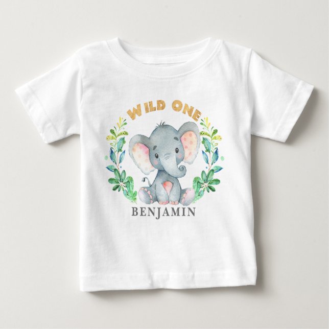 Baby Elephant Wild One 1st Birthday Jungle Baby T-Shirt (Front)