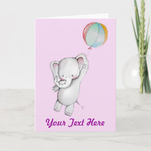 Baby Elephant with Balloon Pink Greeting Card