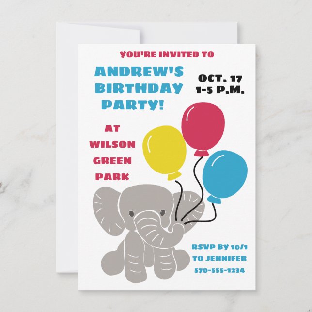 Baby Elephant with Balloons Birthday Party Invitation (Front)