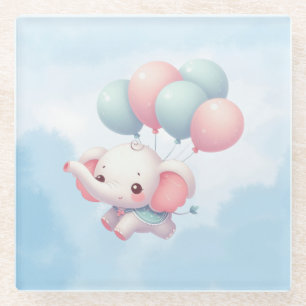 baby elephant with balloons glass coaster