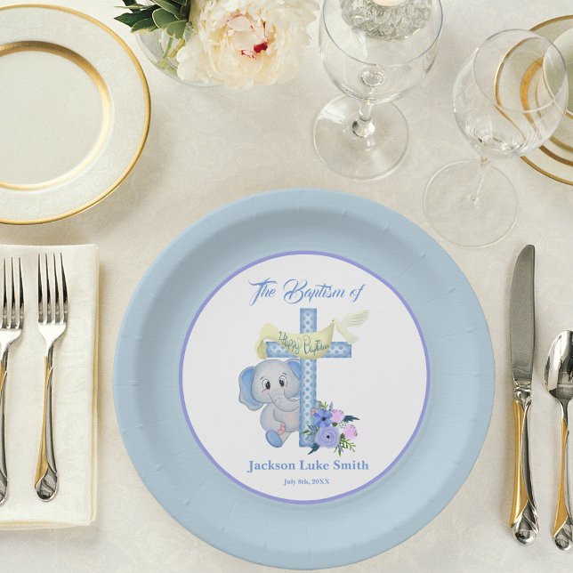 Baby Elephant With Cross and Dove Baptism Paper Plate (Creator Uploaded)