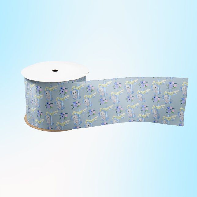 Baby Elephant With Cross Dove Happy Baptism  Satin Ribbon (Creator Uploaded)