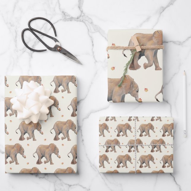 Baby Elephant with cupcakes Tissue Gift Wrap (Front)