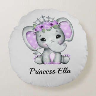 Baby Elephant with Flowers Round Cushion
