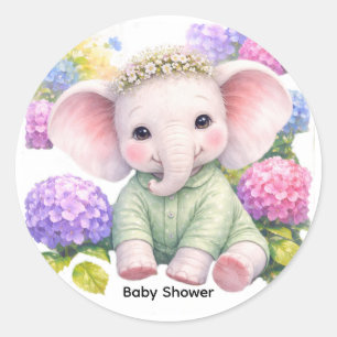 Baby Elephant with Hydrangeas Baby Shower  Classic Round Sticker