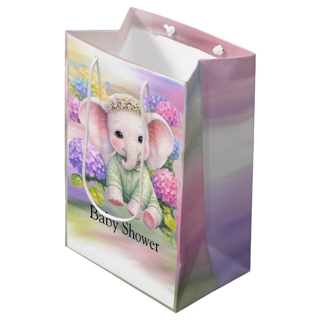 Baby Elephant with Hydrangeas Baby Shower  Medium Gift Bag (Front Angled)