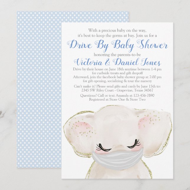 Baby Elephant with Mask Drive By Baby Shower Invitation (Front/Back)