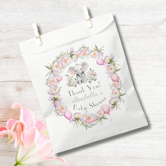 Baby Elephant With Peonies & Balloon Baby Shower Favour Bag (Creator Uploaded)
