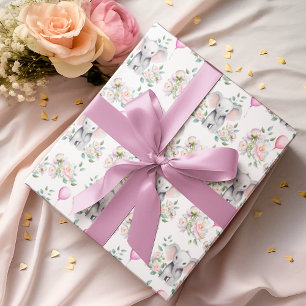 Baby Elephant With Peonies & Balloon Baby Shower  Wrapping Paper