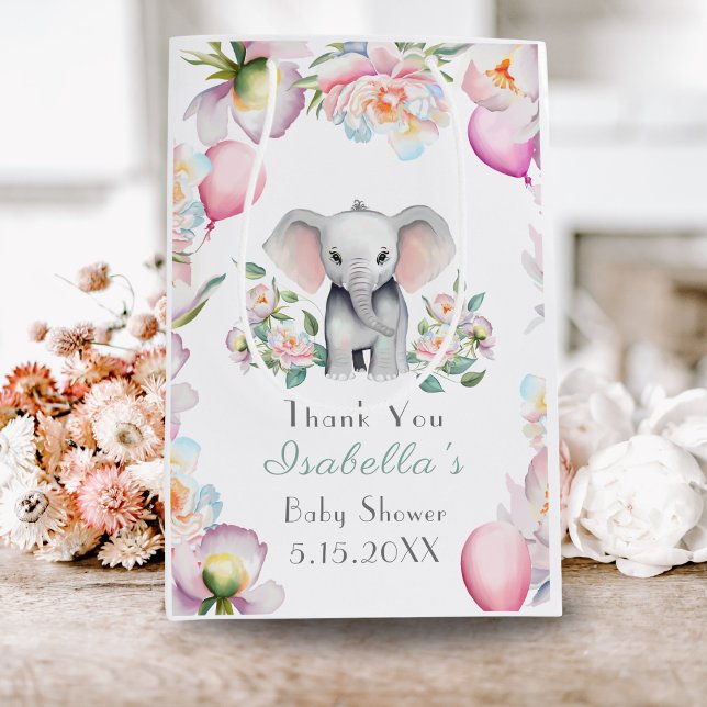 Baby Elephant With Peonies & Balloons Baby Shower Medium Gift Bag (Celebrate joyfully with baby elephant, peonies, and balloons: shower happiness!)