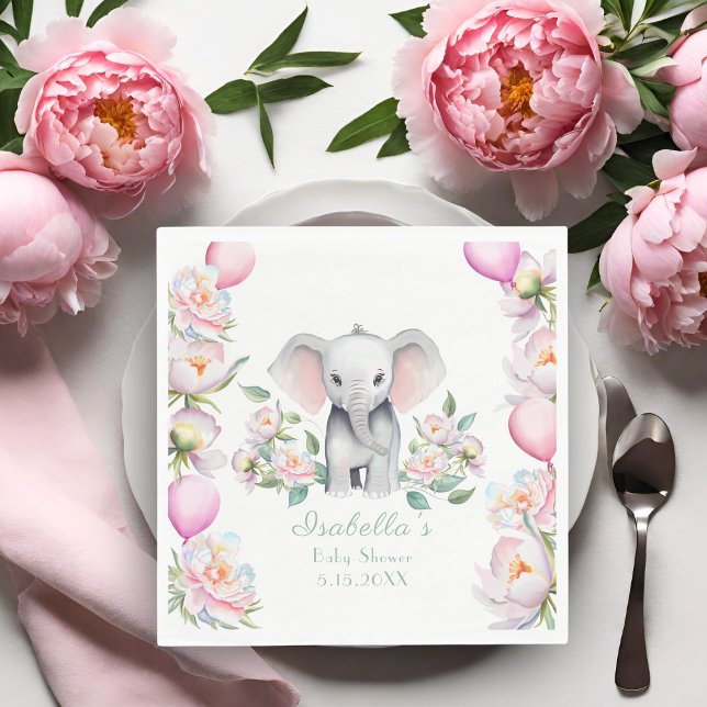 Baby Elephant With Peonies & Balloons Baby Shower Napkin (Add whimsy and charm to your baby shower with these delightful napkins!)